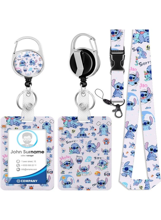 Disney 3-in-1 Disney Stitch logo blue plastic ID holder with lanyard, retractable ID roll, keychain and extension chain - suitable for workers, students, bus drivers, doctors, nurses, etc. - Image 1